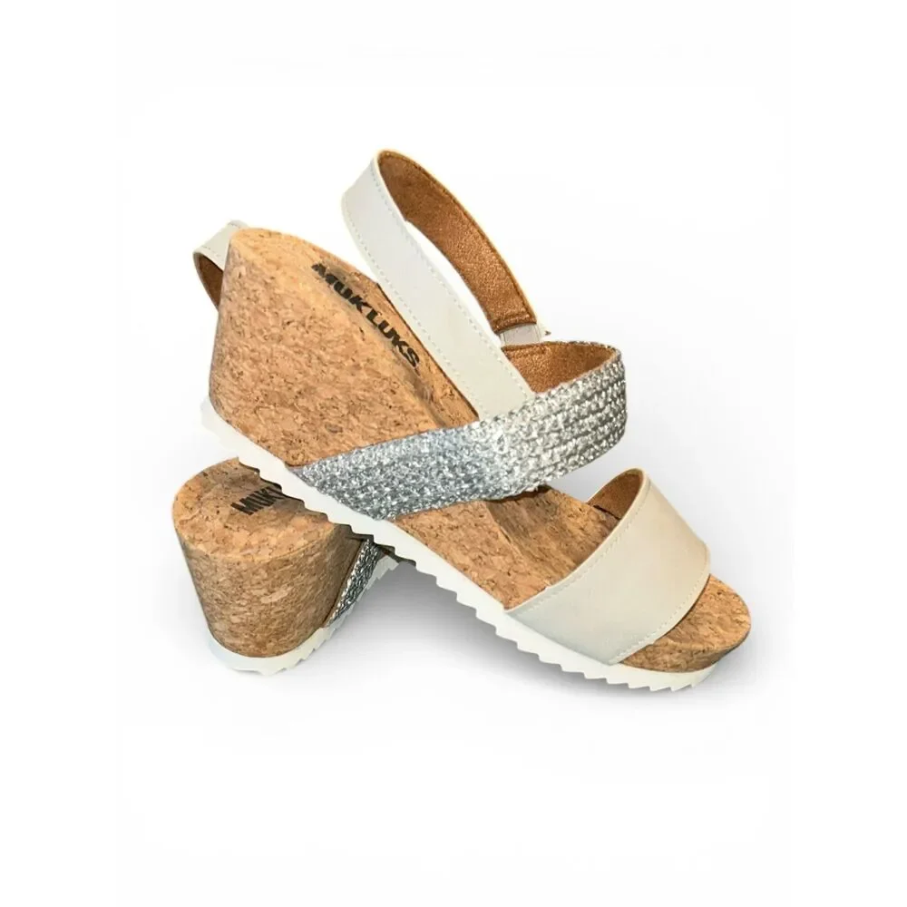 MUK LUKS Silver Glitter Cork Wedge Sandals Women’s 7 White Strappy Platform